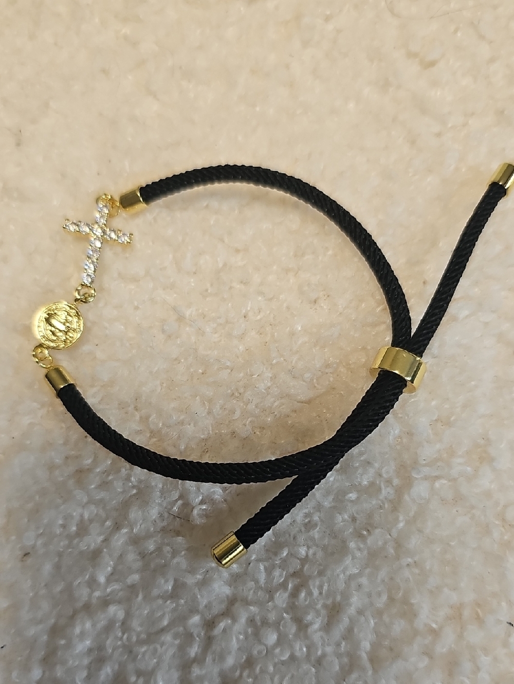 Gold Cross and Coin Charm Black Cord Bracelet - Women Jewelry